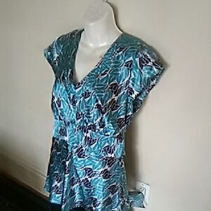 💲1⃣▶Aqau Blue and White Blk  Satiny Blouse Side Zip